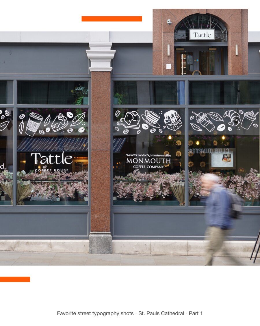 The Tattle coffee house shopfront, its windows lettered with illustrations and Monmouth Coffee Company.