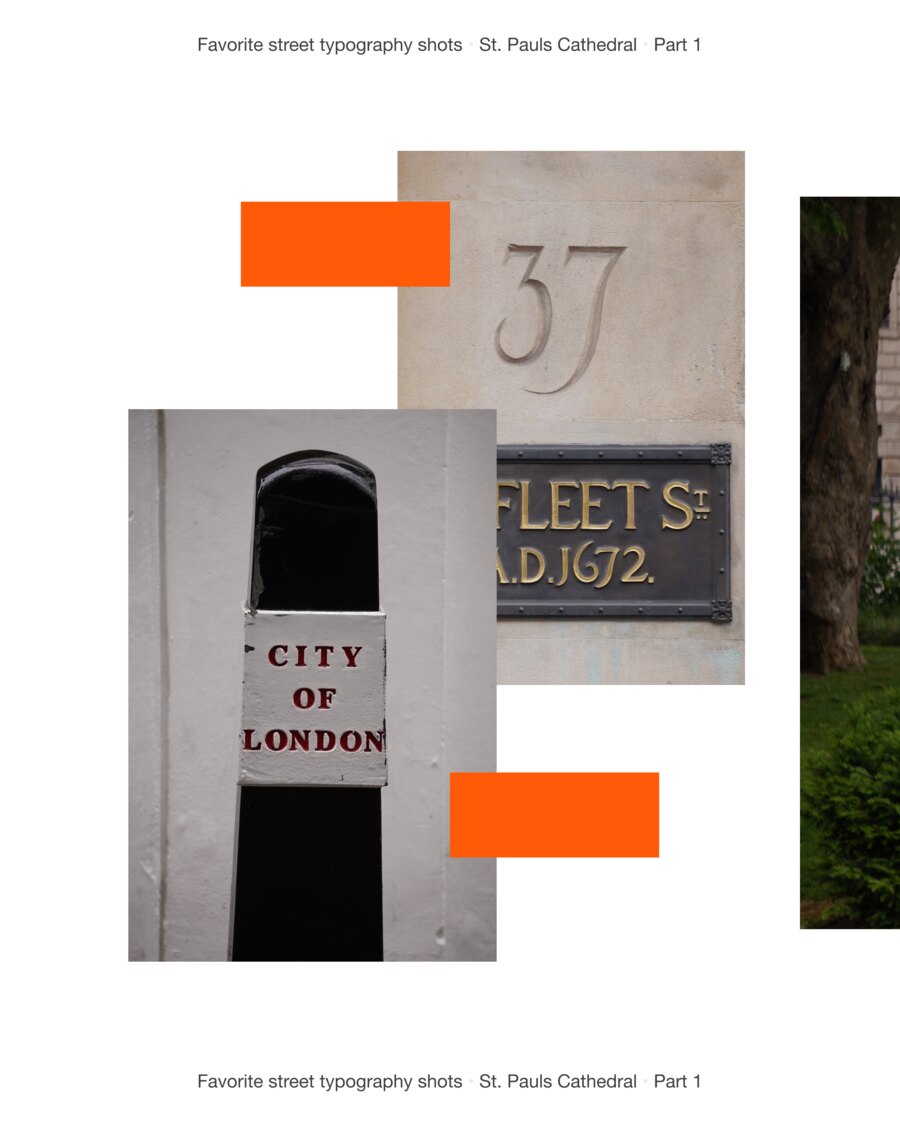 Three details together: a carved numeral 37, a Fleet St A.D. 1672 plaque, and a City of London bollard.