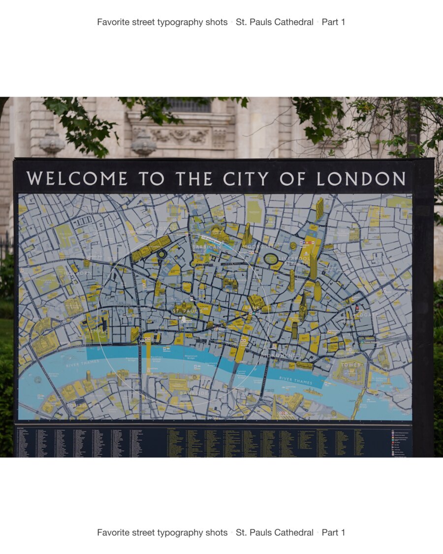 A cast information board reading Welcome to the City of London above a printed map of the square mile.
