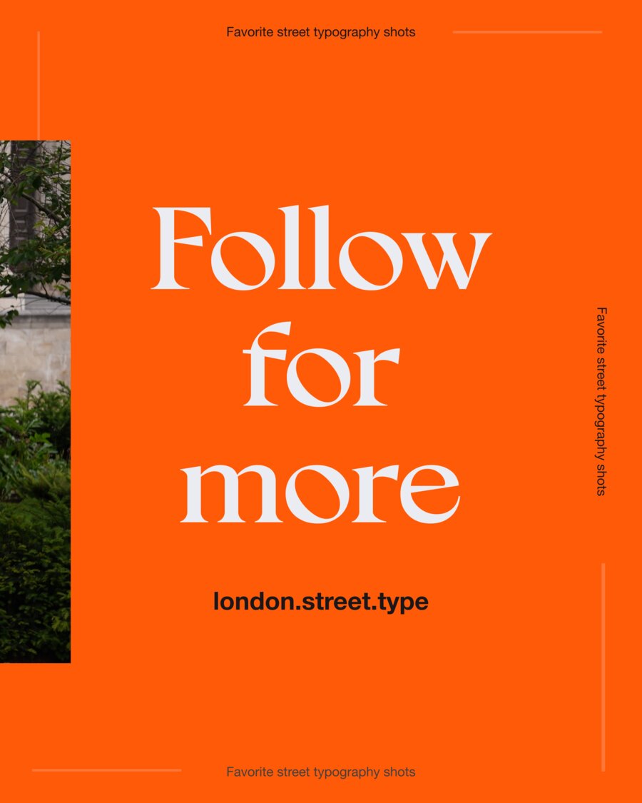 End card of the carousel: Follow for more set in large white serif on orange, with the handle london.street.type beneath it.
