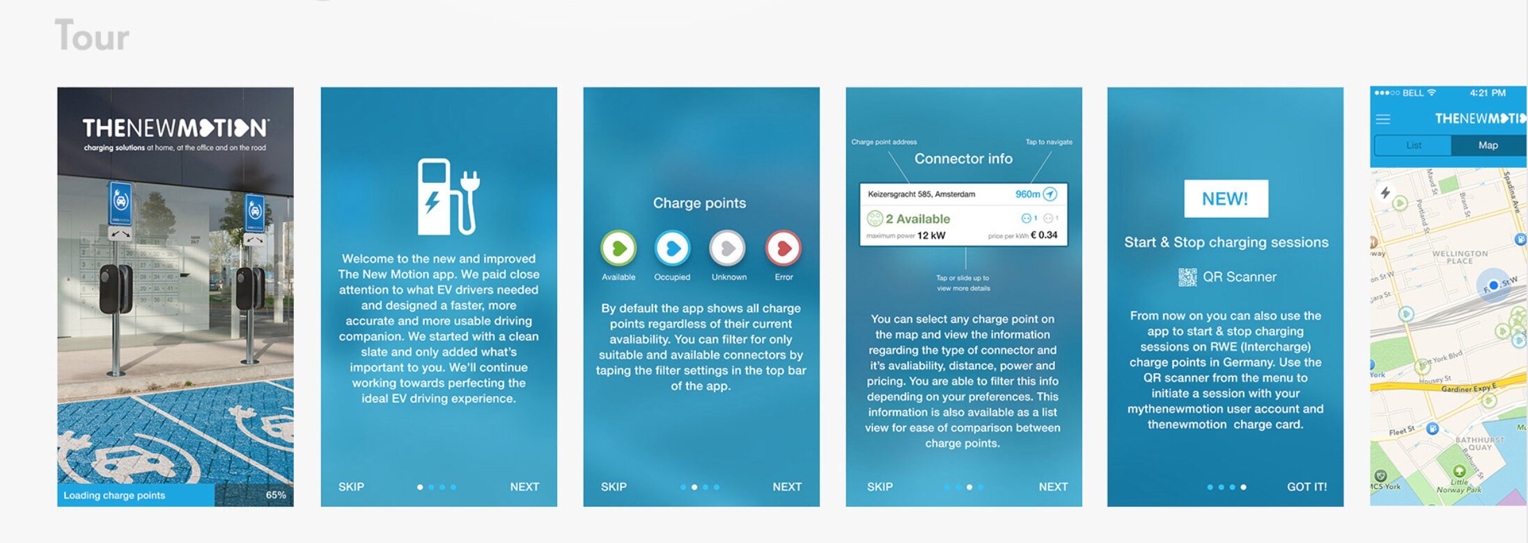 Six onboarding screens of the app in New Motion blue: the wordmark over a photograph of a charging bay, a welcome note promising a faster and more usable app, an explainer on how charge points are shown and filtered, connector information with availability and price, an announcement that charging sessions can now be started and stopped from the app, and a QR scanner, with the map behind them.