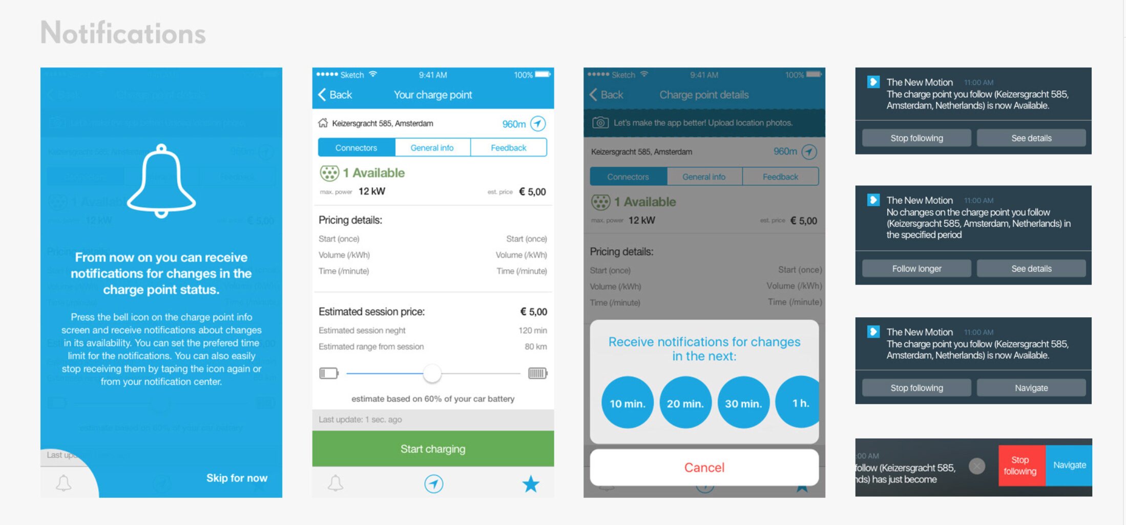 Notification screens: an introduction promising alerts when a charge point changes status, a charge point page with pricing and an estimated session price, a sheet for choosing how long to watch it - ten, twenty or thirty minutes, or an hour - and the notifications themselves, each offering to stop following or to navigate there.