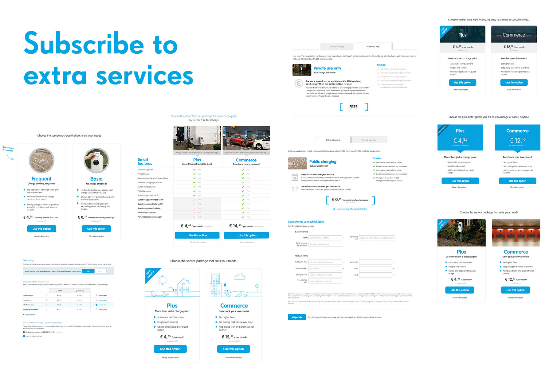 A wall of web pages for the subscription packages: Frequent against Basic, then Plus at 4,45 euro and Commerce at 12,15 euro a month compared feature by feature, and the flow for choosing between private and public charging.