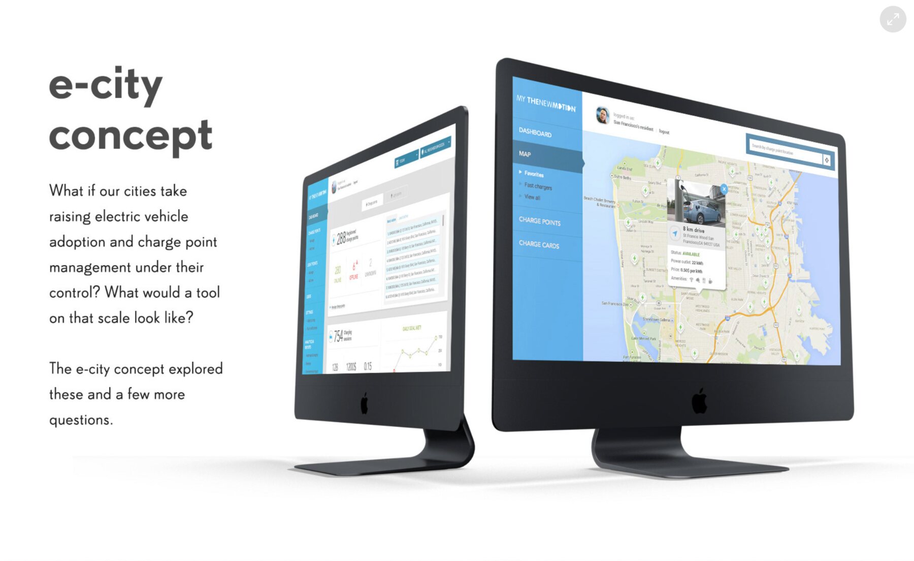 A slide headed e-city concept. Two desktop screens beside the text: a dashboard of city-wide charging figures, and a map of the city covered in charge points with one opened to show its details.