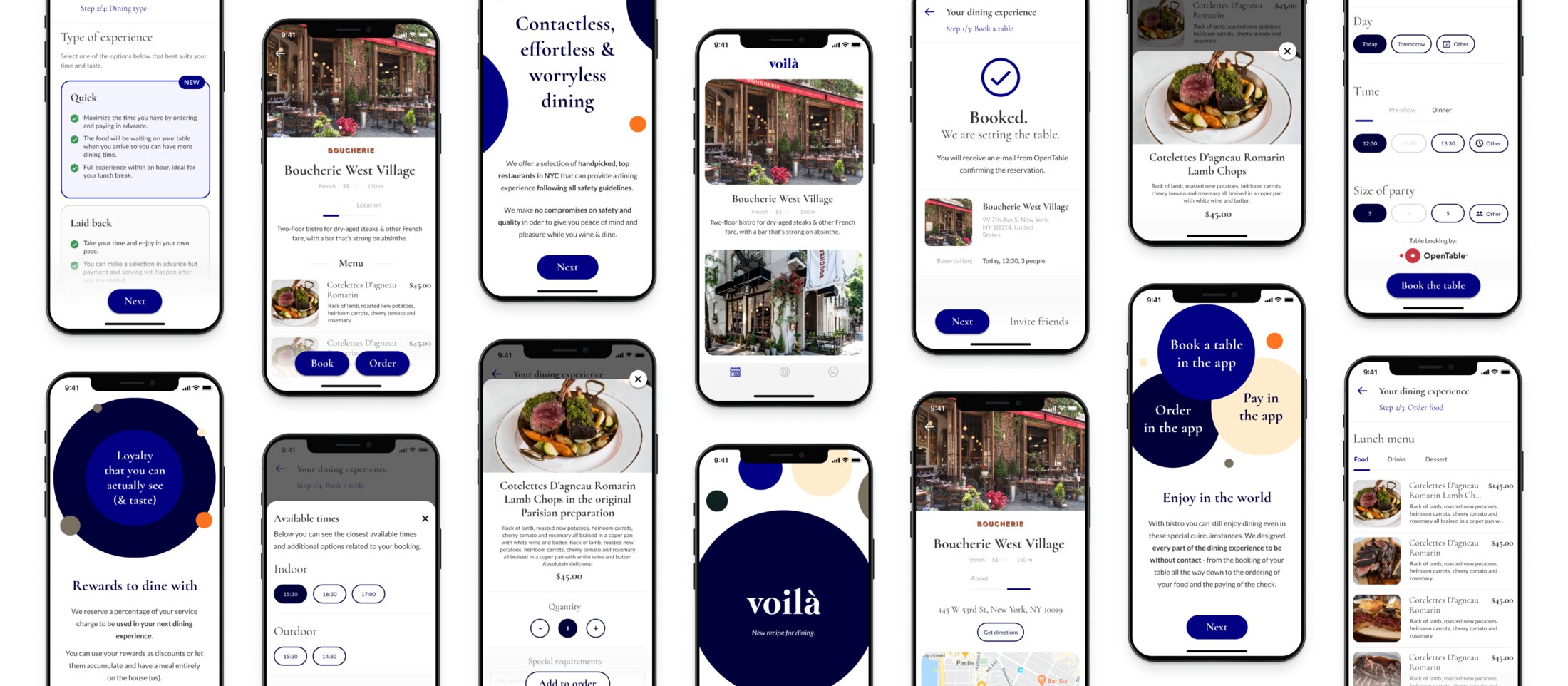 A spread of around a dozen phone screens from the app: choosing between a quick lunch and a laid-back one, a restaurant page with its menu and Book and Order buttons, the onboarding screens about contactless dining and loyalty, available indoor and outdoor times, a dish opened with its description and quantity, booking a table by day, time and size of party through OpenTable, the booking confirmed, the lunch menu, and the voila mark over its circles.