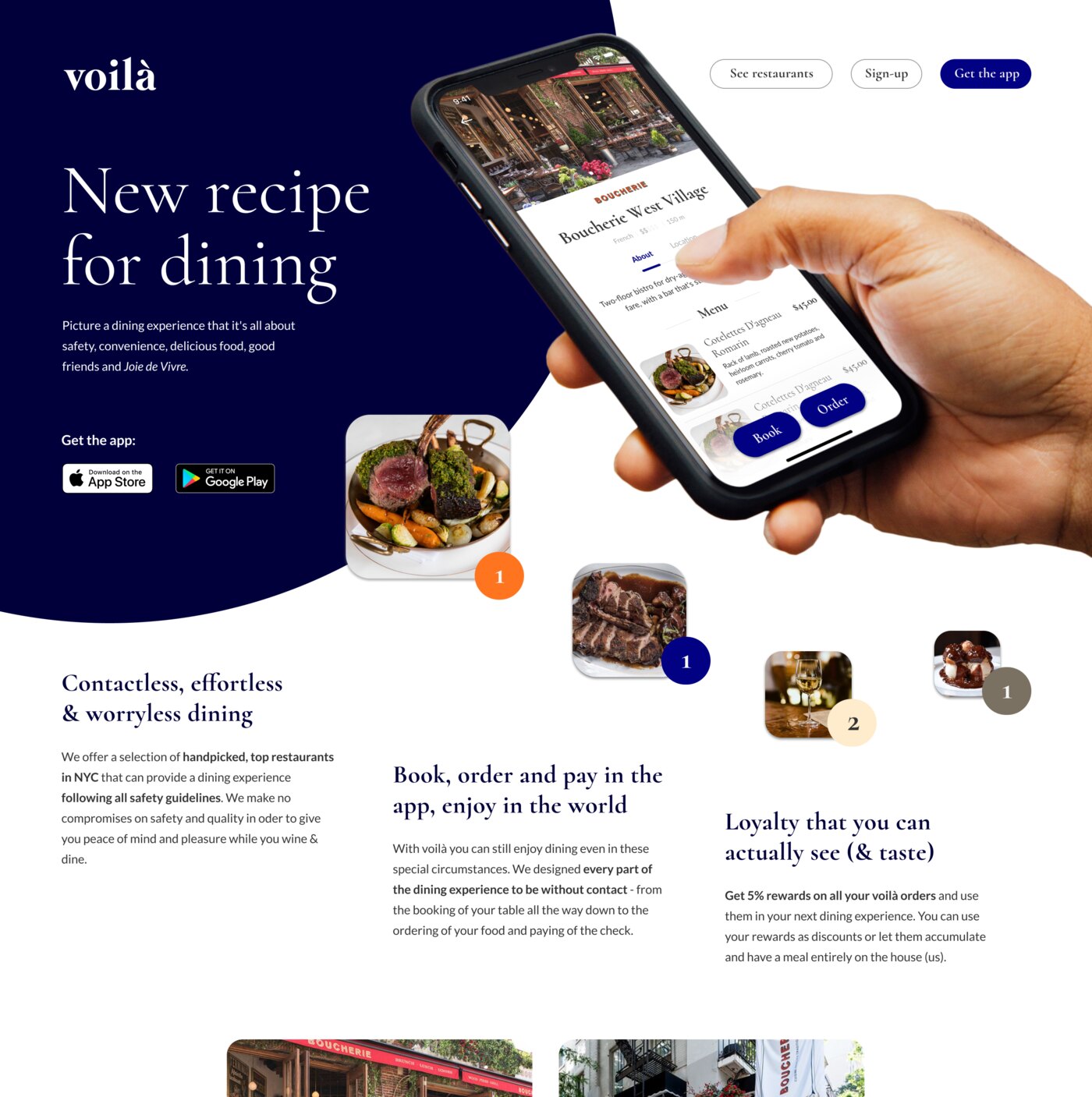 The Voila landing page. The headline New recipe for dining sits over a hand holding a phone that shows the Boucherie West Village listing with its menu and Book and Order buttons, with dishes cut out around it. Below, three columns: contactless, effortless and worryless dining; book, order and pay in the app; and loyalty that you can actually see and taste.