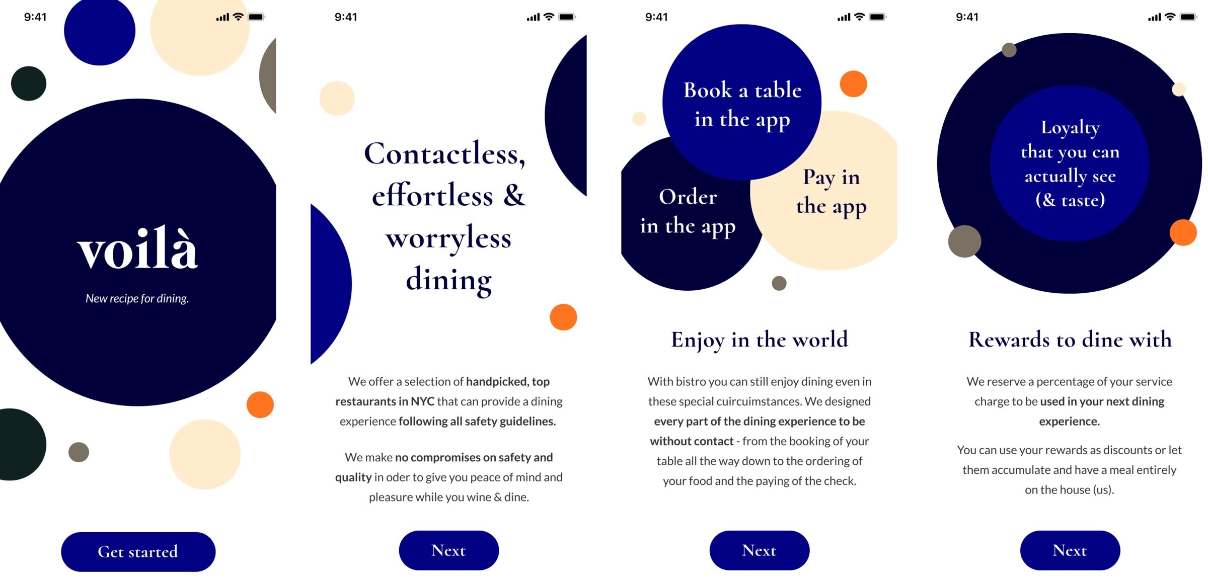 Four onboarding screens: the voila mark over circles, reading new recipe for dining, with a Get started button; contactless, effortless and worryless dining, over a note about handpicked restaurants in New York; enjoy in the world, with circles for booking, ordering and paying in the app; and rewards to dine with, where a percentage of the service charge comes back as loyalty.
