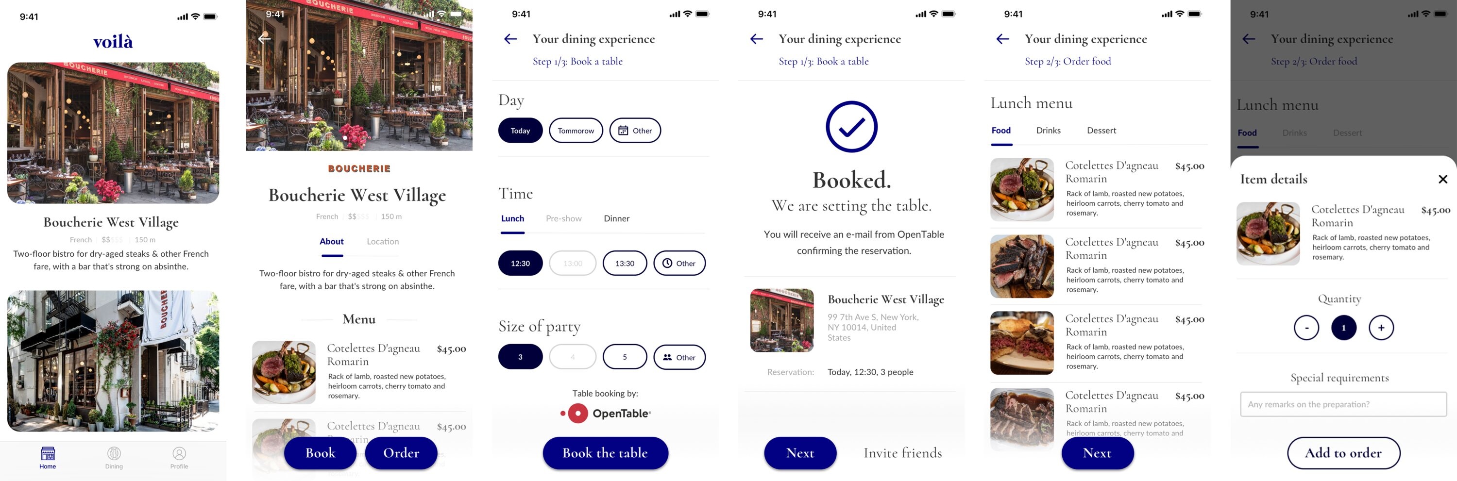 Six app screens in sequence: the restaurant list, a restaurant with its menu and Book and Order buttons, booking a table by day, time and size of party, the confirmation reading Booked, we are setting the table, the lunch menu, and a dish opened with quantity and special requirements.