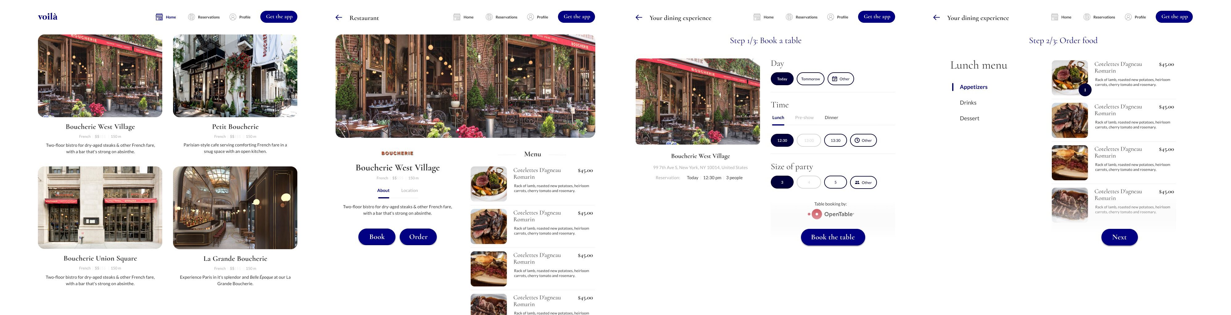 Four web screens in sequence: the voila home page listing four Boucherie restaurants, each with a photograph and a line about it; a restaurant page with its gallery, About and Location tabs and the menu, under Book and Order buttons; step one of three, booking a table by day, time and size of party through OpenTable; and step two, the lunch menu with appetisers, drinks and dessert down the side.