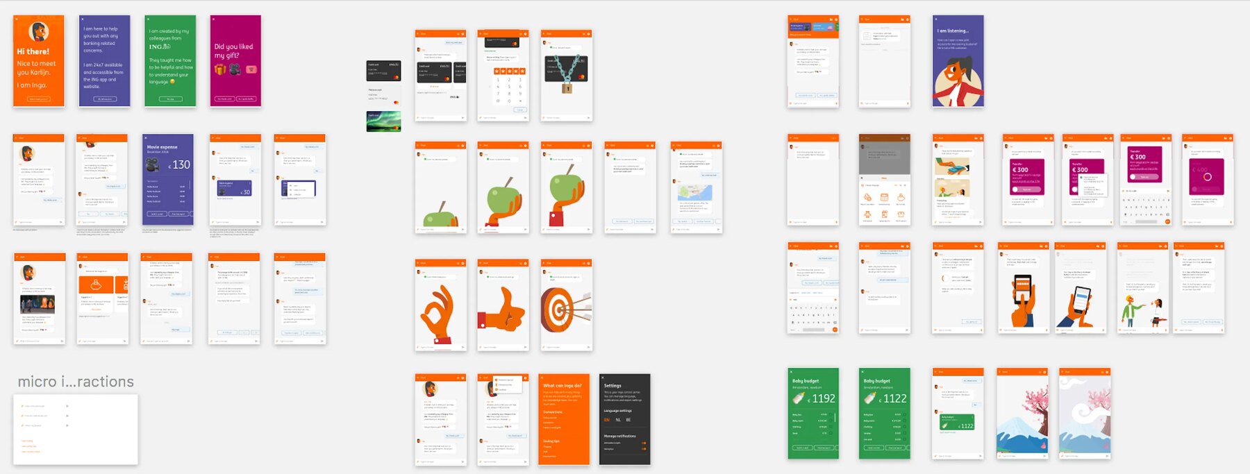 A board of roughly sixty chat screens in ING orange, purple and green: onboarding cards, card-blocking flows, budget calculations, payment requests, settings and illustrated moments of delight.
