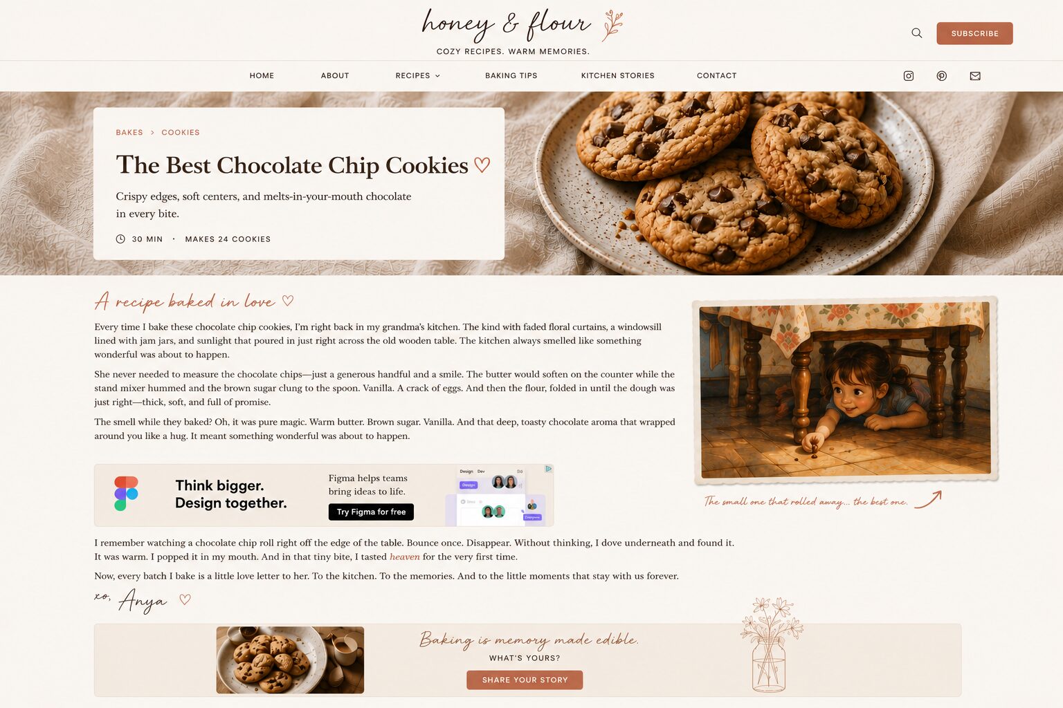 A mockup of a classic cooking blog, featuring a recipe for chocholate chip cookies