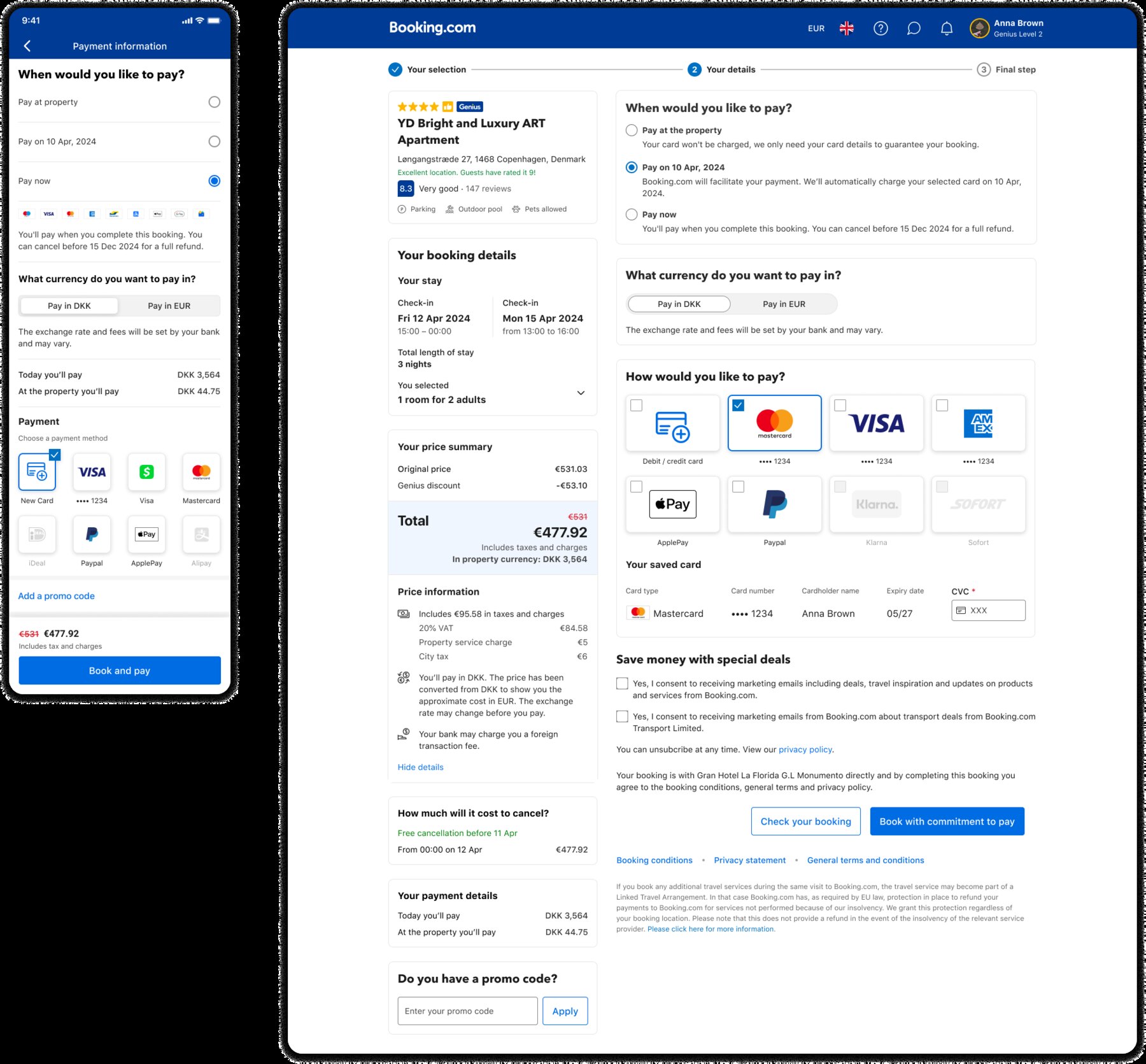Booking.com checkout screens on phone and desktop: when would you like to pay, how would you like to pay, the booking details and price breakdown for an apartment stay.