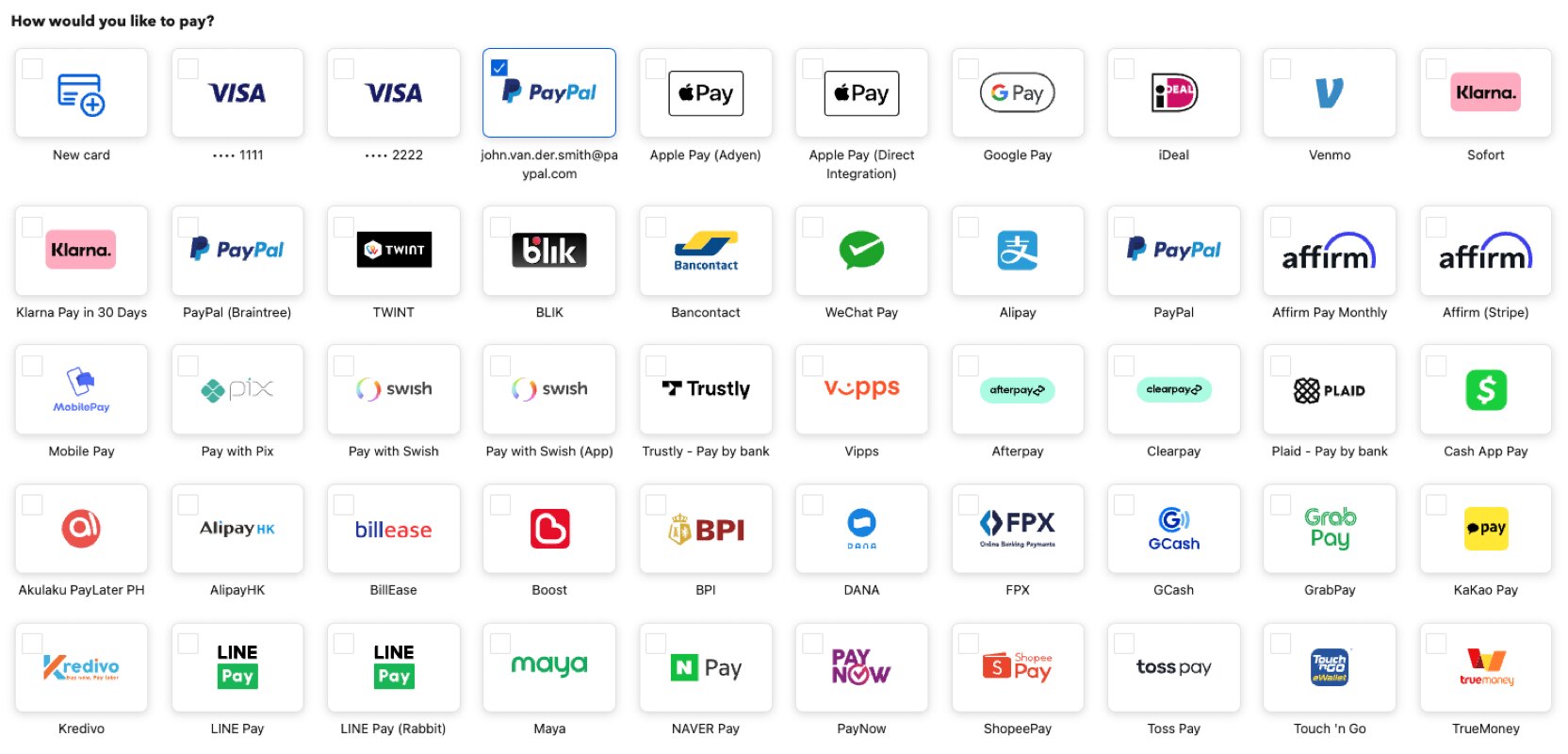 A grid of around fifty payment methods under the heading How would you like to pay: cards, wallets, bank transfers and regional schemes, each with its logo.