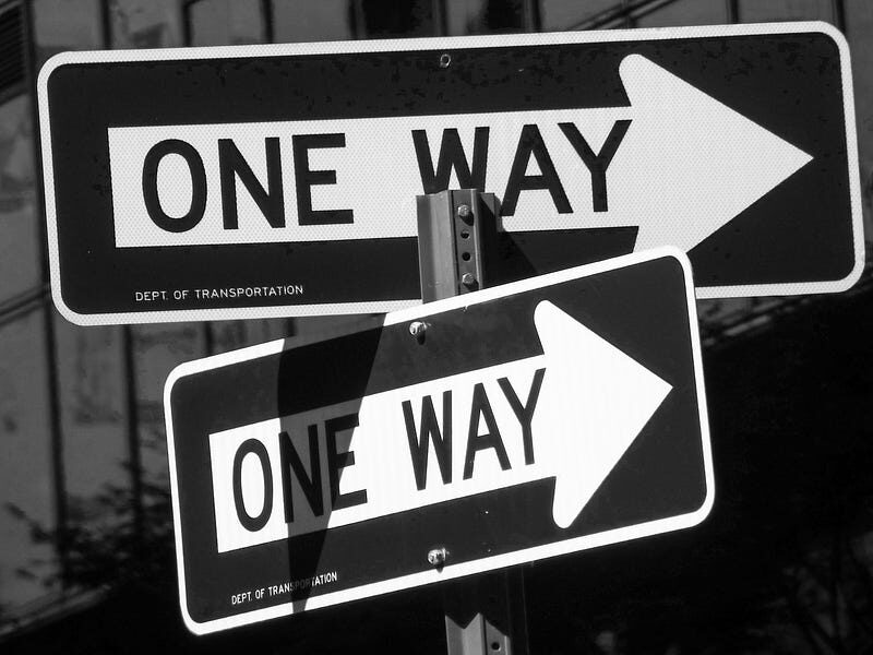Two traffic signs signaling ONE WAY. An illustration of the concept that there are multiple paths forward and sometimes contradictory advice portrayed as a single way.