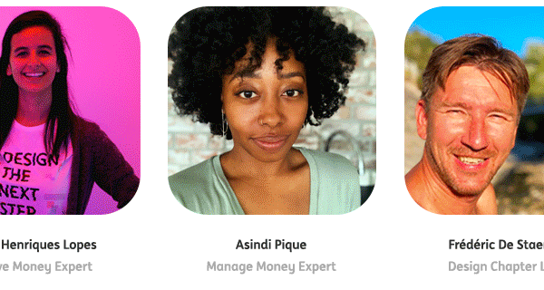 Three portrait cards sliding past in turn, each a colleague photographed against a bright background with their name and role beneath.