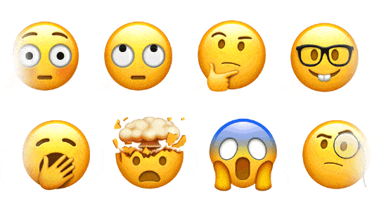 A row of emoji reacting in turn — wide-eyed, rolling eyes, thinking, nerd face, yawning, head exploding, screaming and monocle.